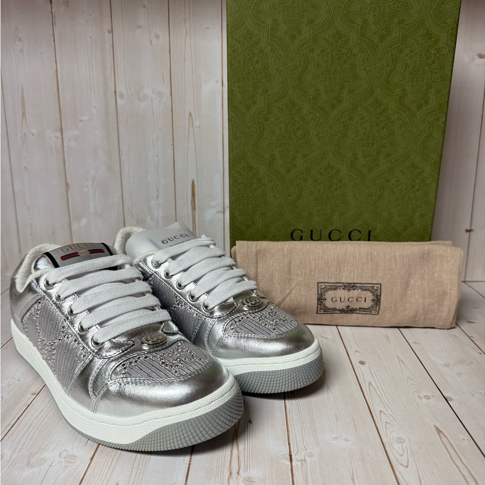 Gucci Metallic Nappa Silk Crystals Screener Sneakers Silver/Light Grey Sz 35 / 5